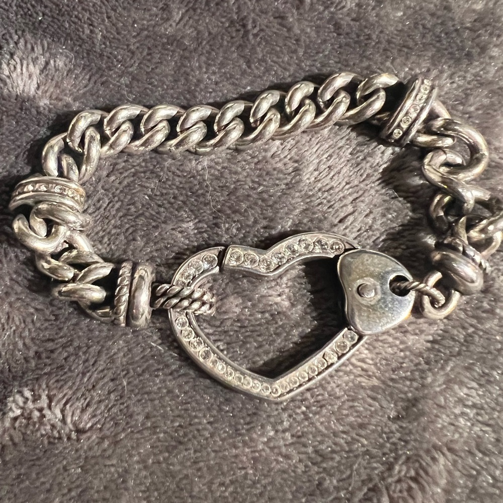 Brighton Heart Charm Dangle Bracelet Double Sided Heart 7.5” Silver Tone